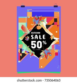 Autumn sale memphis style poster. Fashion and travel discount banner. Vector holiday Abstract colorful illustration with special offer and promotion.