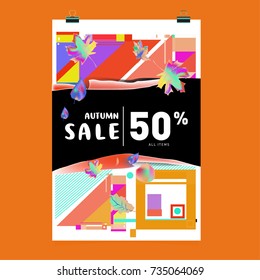 Autumn sale memphis style poster. Fashion and travel discount banner. Vector holiday Abstract colorful illustration with special offer and promotion.