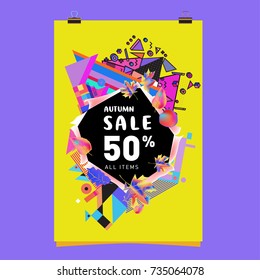Autumn sale memphis style poster. Fashion and travel discount banner. Vector holiday Abstract colorful illustration with special offer and promotion.