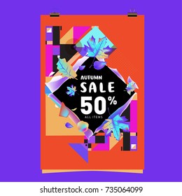 Autumn sale memphis style poster. Fashion and travel discount banner. Vector holiday Abstract colorful illustration with special offer and promotion.