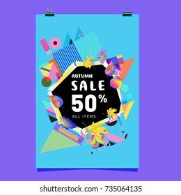 Autumn sale memphis style poster. Fashion and travel discount banner. Vector holiday Abstract colorful illustration with special offer and promotion.