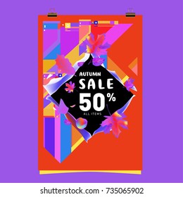 Autumn sale memphis style poster. Fashion and travel discount banner. Vector holiday Abstract colorful illustration with special offer and promotion.