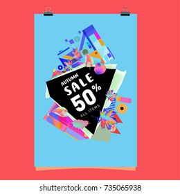 Autumn sale memphis style poster. Fashion and travel discount banner. Vector holiday Abstract colorful illustration with special offer and promotion.