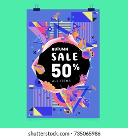 Autumn sale memphis style poster. Fashion and travel discount banner. Vector holiday Abstract colorful illustration with special offer and promotion.