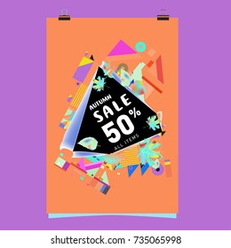 Autumn sale memphis style poster. Fashion and travel discount banner. Vector holiday Abstract colorful illustration with special offer and promotion.