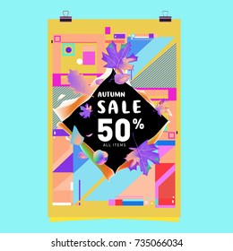 Autumn sale memphis style poster. Fashion and travel discount banner. Vector holiday Abstract colorful illustration with special offer and promotion.