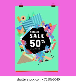 Autumn sale memphis style poster. Fashion and travel discount banner. Vector holiday Abstract colorful illustration with special offer and promotion.