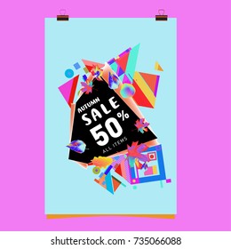 Autumn sale memphis style poster. Fashion and travel discount banner. Vector holiday Abstract colorful illustration with special offer and promotion.