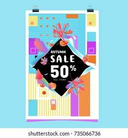 Autumn sale memphis style poster. Fashion and travel discount banner. Vector holiday Abstract colorful illustration with special offer and promotion.