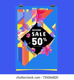 Autumn sale memphis style poster. Fashion and travel discount banner. Vector holiday Abstract colorful illustration with special offer and promotion.