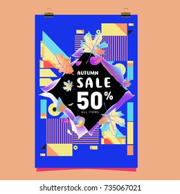 Autumn sale memphis style poster. Fashion and travel discount banner. Vector holiday Abstract colorful illustration with special offer and promotion.