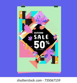 Autumn sale memphis style poster. Fashion and travel discount banner. Vector holiday Abstract colorful illustration with special offer and promotion.