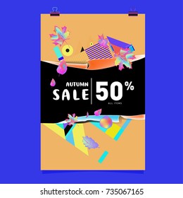 Autumn sale memphis style poster. Fashion and travel discount banner. Vector holiday Abstract colorful illustration with special offer and promotion.