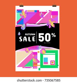 Autumn sale memphis style poster. Fashion and travel discount banner. Vector holiday Abstract colorful illustration with special offer and promotion.