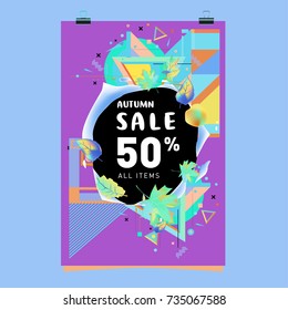Autumn sale memphis style poster. Fashion and travel discount banner. Vector holiday Abstract colorful illustration with special offer and promotion.