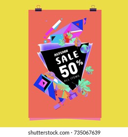 Autumn sale memphis style poster. Fashion and travel discount banner. Vector holiday Abstract colorful illustration with special offer and promotion.
