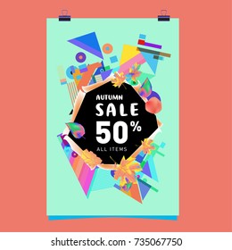 Autumn sale memphis style poster. Fashion and travel discount banner. Vector holiday Abstract colorful illustration with special offer and promotion.