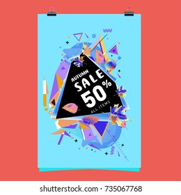 Autumn sale memphis style poster. Fashion and travel discount banner. Vector holiday Abstract colorful illustration with special offer and promotion.