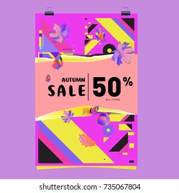 Autumn sale memphis style poster. Fashion and travel discount banner. Vector holiday Abstract colorful illustration with special offer and promotion.