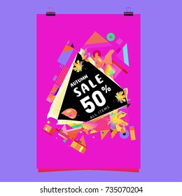 Autumn sale memphis style poster. Fashion and travel discount banner. Vector holiday Abstract colorful illustration with special offer and promotion.