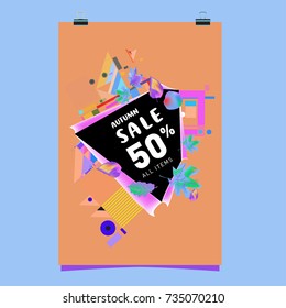 Autumn sale memphis style poster. Fashion and travel discount banner. Vector holiday Abstract colorful illustration with special offer and promotion.
