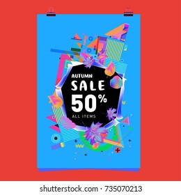 Autumn sale memphis style poster. Fashion and travel discount banner. Vector holiday Abstract colorful illustration with special offer and promotion.