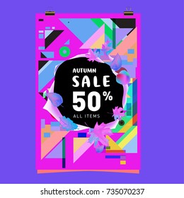 Autumn sale memphis style poster. Fashion and travel discount banner. Vector holiday Abstract colorful illustration with special offer and promotion.
