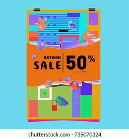 Autumn sale memphis style poster. Fashion and travel discount banner. Vector holiday Abstract colorful illustration with special offer and promotion.