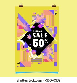 Autumn sale memphis style poster. Fashion and travel discount banner. Vector holiday Abstract colorful illustration with special offer and promotion.