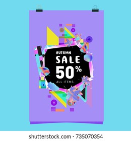 Autumn sale memphis style poster. Fashion and travel discount banner. Vector holiday Abstract colorful illustration with special offer and promotion.