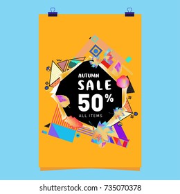 Autumn sale memphis style poster. Fashion and travel discount banner. Vector holiday Abstract colorful illustration with special offer and promotion.