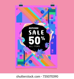 Autumn sale memphis style poster. Fashion and travel discount banner. Vector holiday Abstract colorful illustration with special offer and promotion.