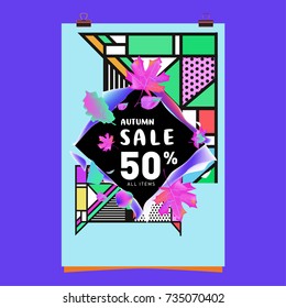 Autumn sale memphis style poster. Fashion and travel discount banner. Vector holiday Abstract colorful illustration with special offer and promotion.