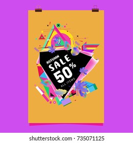 Autumn sale memphis style poster. Fashion and travel discount banner. Vector holiday Abstract colorful illustration with special offer and promotion.