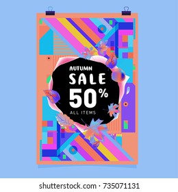 Autumn sale memphis style poster. Fashion and travel discount banner. Vector holiday Abstract colorful illustration with special offer and promotion.