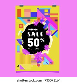 Autumn sale memphis style poster. Fashion and travel discount banner. Vector holiday Abstract colorful illustration with special offer and promotion.