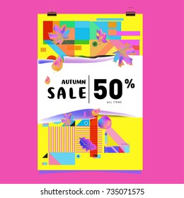 Autumn sale memphis style poster. Fashion and travel discount banner. Vector holiday Abstract colorful illustration with special offer and promotion.