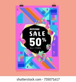 Autumn sale memphis style poster. Fashion and travel discount banner. Vector holiday Abstract colorful illustration with special offer and promotion.