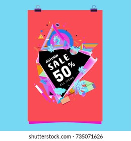 Autumn sale memphis style poster. Fashion and travel discount banner. Vector holiday Abstract colorful illustration with special offer and promotion.