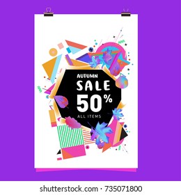 Autumn sale memphis style poster. Fashion and travel discount banner. Vector holiday Abstract colorful illustration with special offer and promotion.