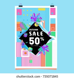 Autumn sale memphis style poster. Fashion and travel discount banner. Vector holiday Abstract colorful illustration with special offer and promotion.