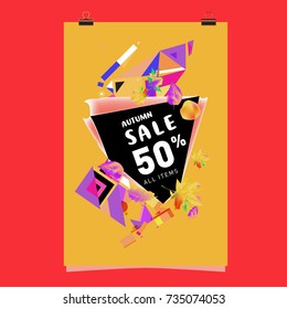 Autumn sale memphis style poster. Fashion and travel discount banner. Vector holiday Abstract colorful illustration with special offer and promotion.