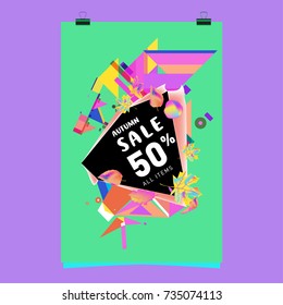 Autumn sale memphis style poster. Fashion and travel discount banner. Vector holiday Abstract colorful illustration with special offer and promotion.