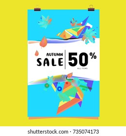 Autumn sale memphis style poster. Fashion and travel discount banner. Vector holiday Abstract colorful illustration with special offer and promotion.