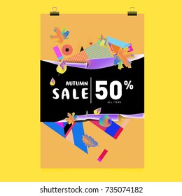 Autumn sale memphis style poster. Fashion and travel discount banner. Vector holiday Abstract colorful illustration with special offer and promotion.