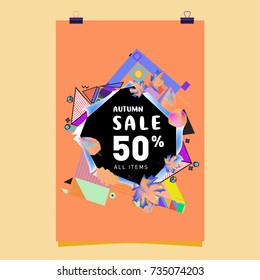 Autumn sale memphis style poster. Fashion and travel discount banner. Vector holiday Abstract colorful illustration with special offer and promotion.