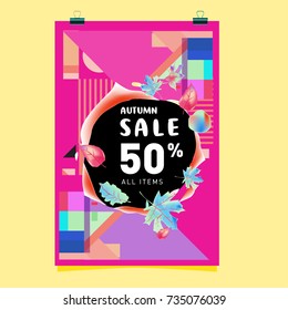 Autumn sale memphis style poster. Fashion and travel discount banner. Vector holiday Abstract colorful illustration with special offer and promotion.