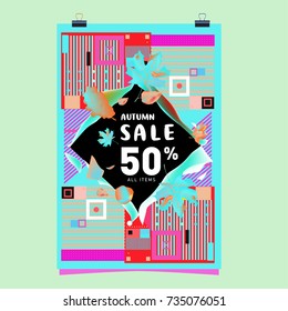 Autumn sale memphis style poster. Fashion and travel discount banner. Vector holiday Abstract colorful illustration with special offer and promotion.