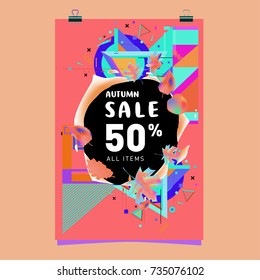 Autumn sale memphis style poster. Fashion and travel discount banner. Vector holiday Abstract colorful illustration with special offer and promotion.