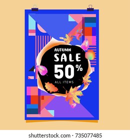 Autumn sale memphis style poster. Fashion and travel discount banner. Vector holiday Abstract colorful illustration with special offer and promotion.